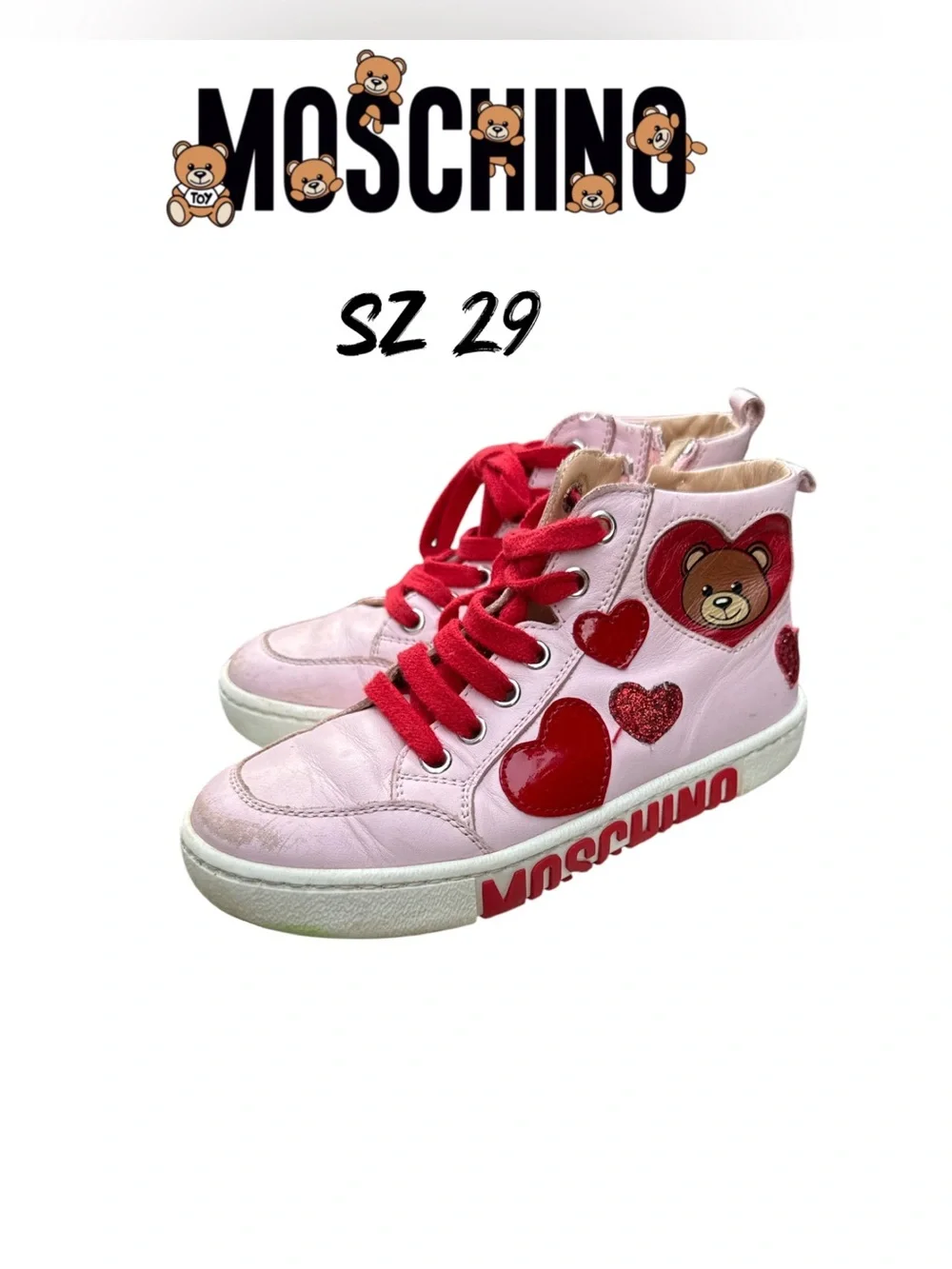 Moschino Kids Pink Teddy Bear High Top Sneakers Shoes EU 29 US 11.5-12 heart